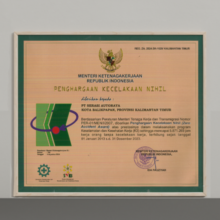 TRAC Balikpapan Received the National Zero Accident Award